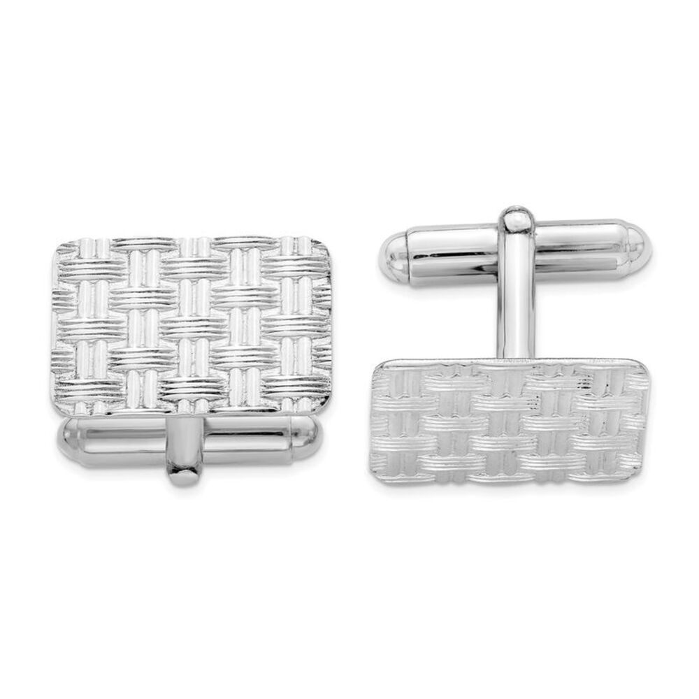 Rhodium Plated Sterling Silver Basketweave Rectangle Cuff Links, 20mm